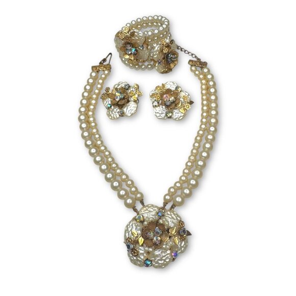 Miriam Haskell Faux Pearl Aurora Borealis Necklace Bracelet Earrings Set - Picture 1 of 13